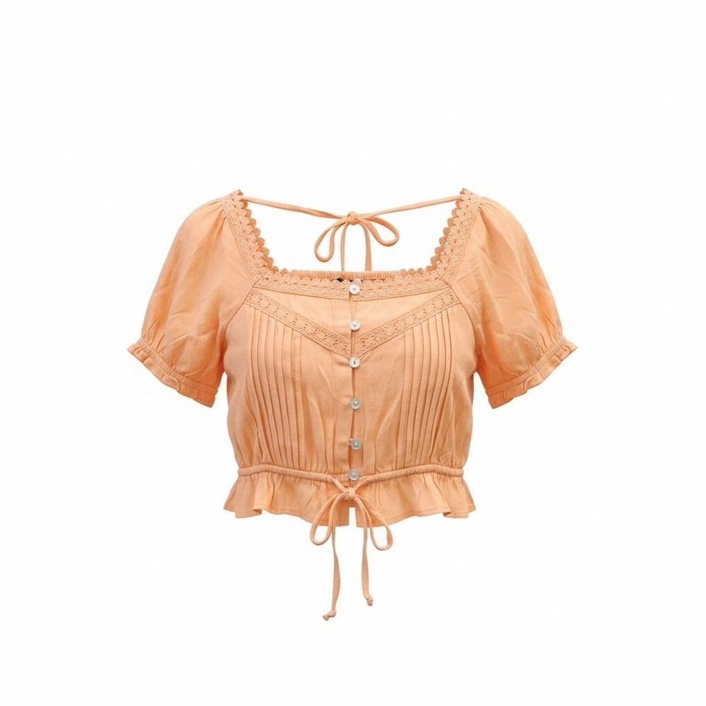 NWT Olivaceous Smocked Puff-Sleeve Cropped Peasant Blouse with Lace TrimS Boho S